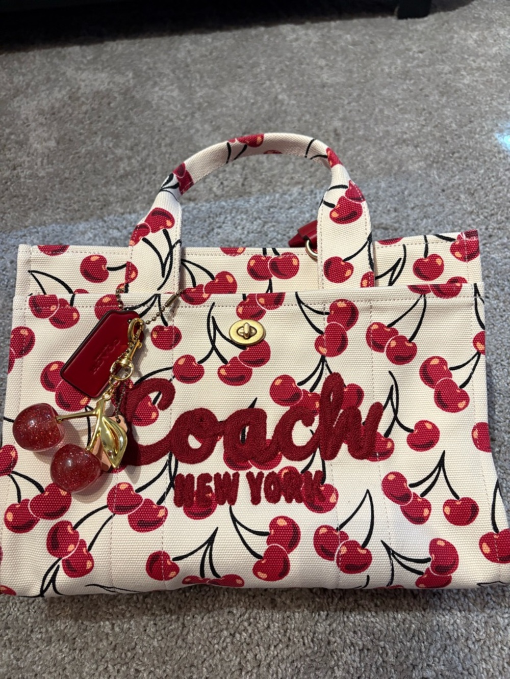 Coach Cherry Print Canvas Tote in White and Red